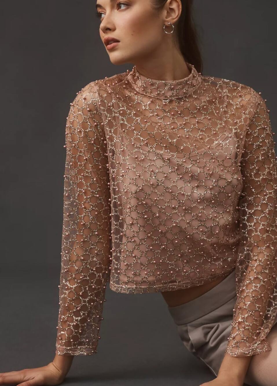 Anthropologie Blue Tassel Pink and Silver Pearl-Embellished Long-Sleeve Top XS
